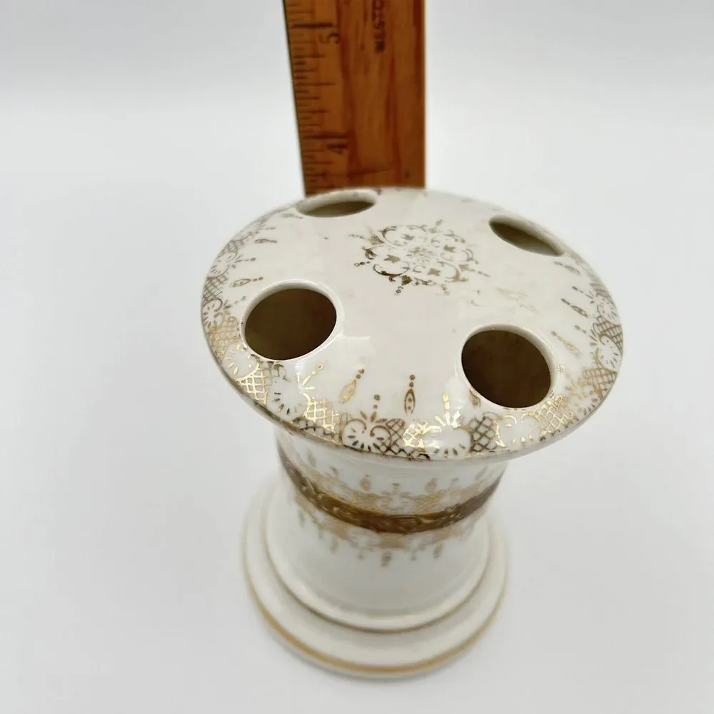 Vintage Andrea By Sadek Porcelain Toothbrush Makeup Holder Gold Lace